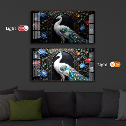 Majestic Peacock With Flower Modern Luxury Backlight Horizontal Wall Art
