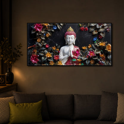 White Buddha With Pink Lotus Modern Luxury Backlight Horizontal Wall Art