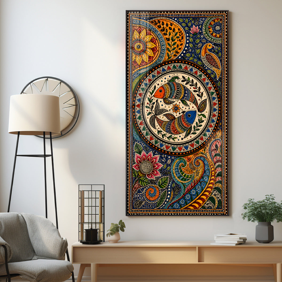 Traditional Folk Art Dual Fish & Floral Mandala Premium Acrylic Vertical Wall Art