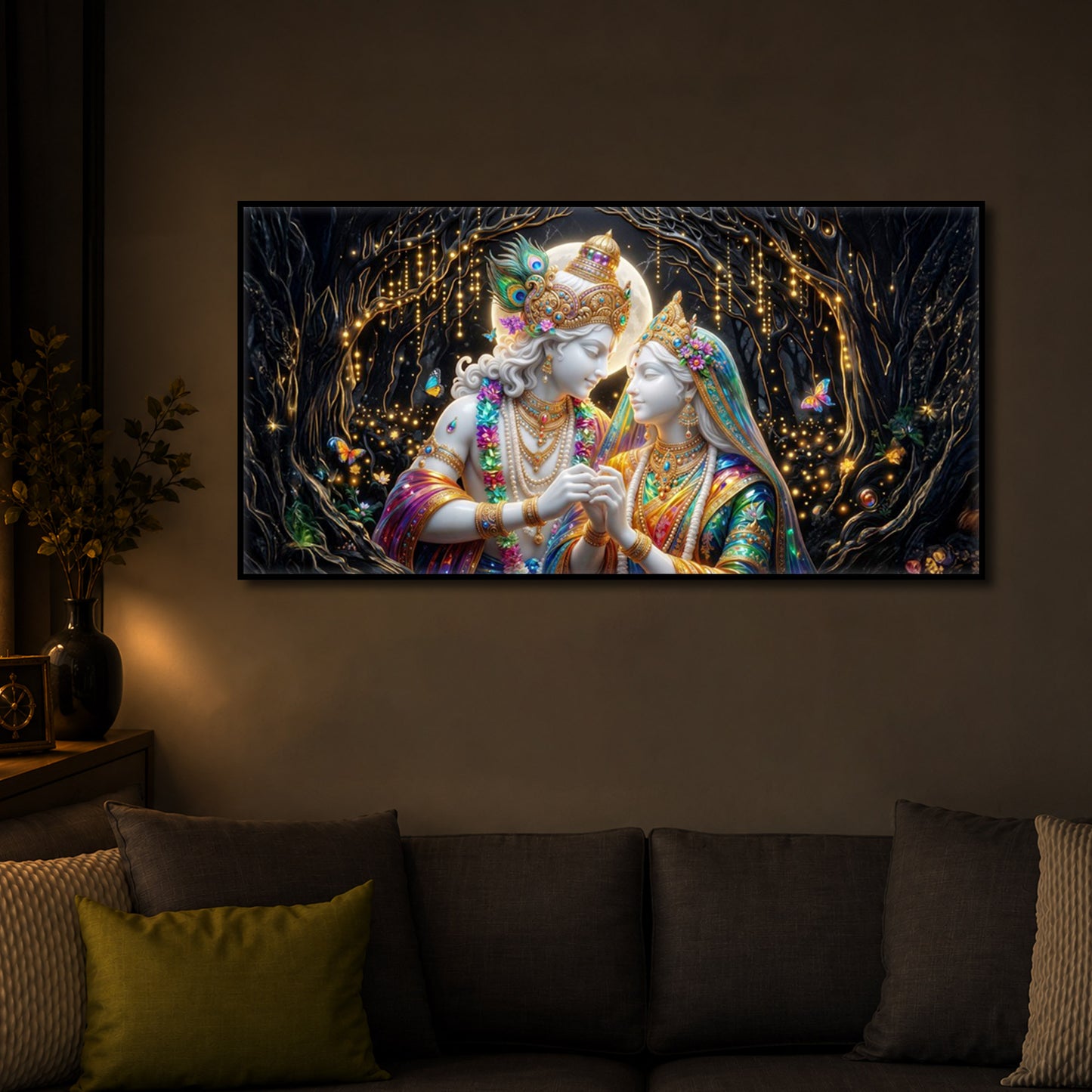 Spiritual Moonlight Radha Krishna Modern Luxury Backlight Horizontal Wall Art