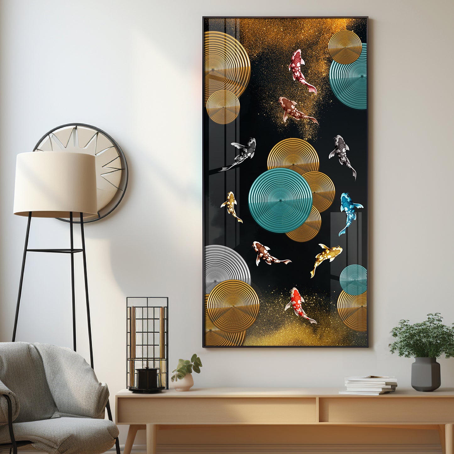 Abstract Rings & Goldfish Premium Acrylic Vertical Wall Art