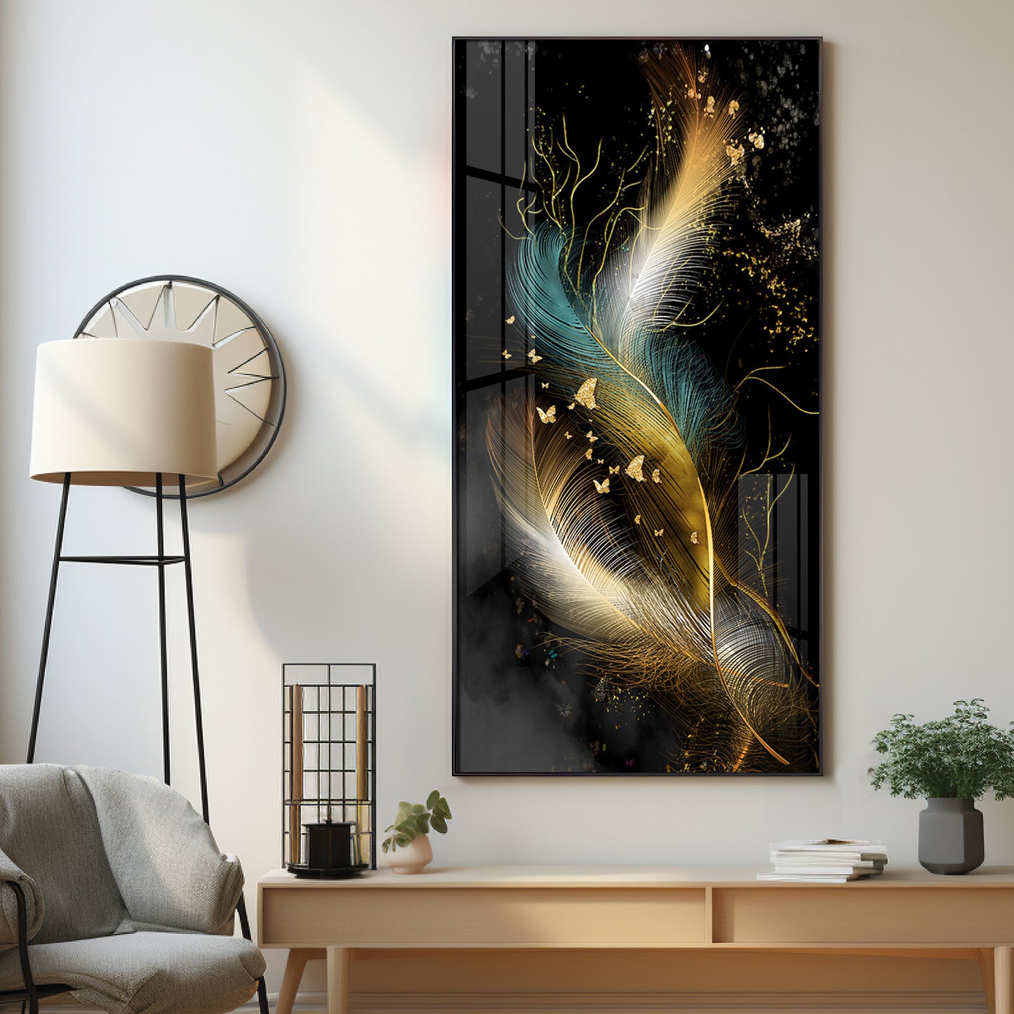 Abstract Golden & White Feathers Premium Acrylic Vertical Wall Art