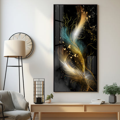Abstract Golden & White Feathers Premium Acrylic Vertical Wall Art