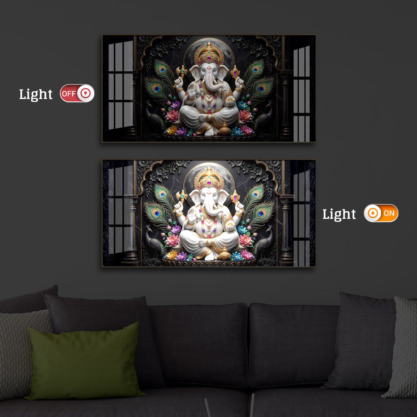 Lord Ganesha With Peacock Feather Modern Luxury Backlight Horizontal Wall Art
