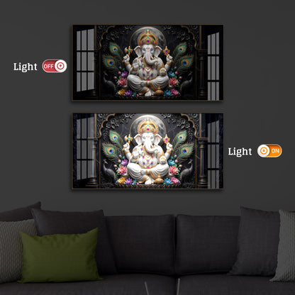 Lord Ganesha With Peacock Feather Modern Luxury Backlight Horizontal Wall Art