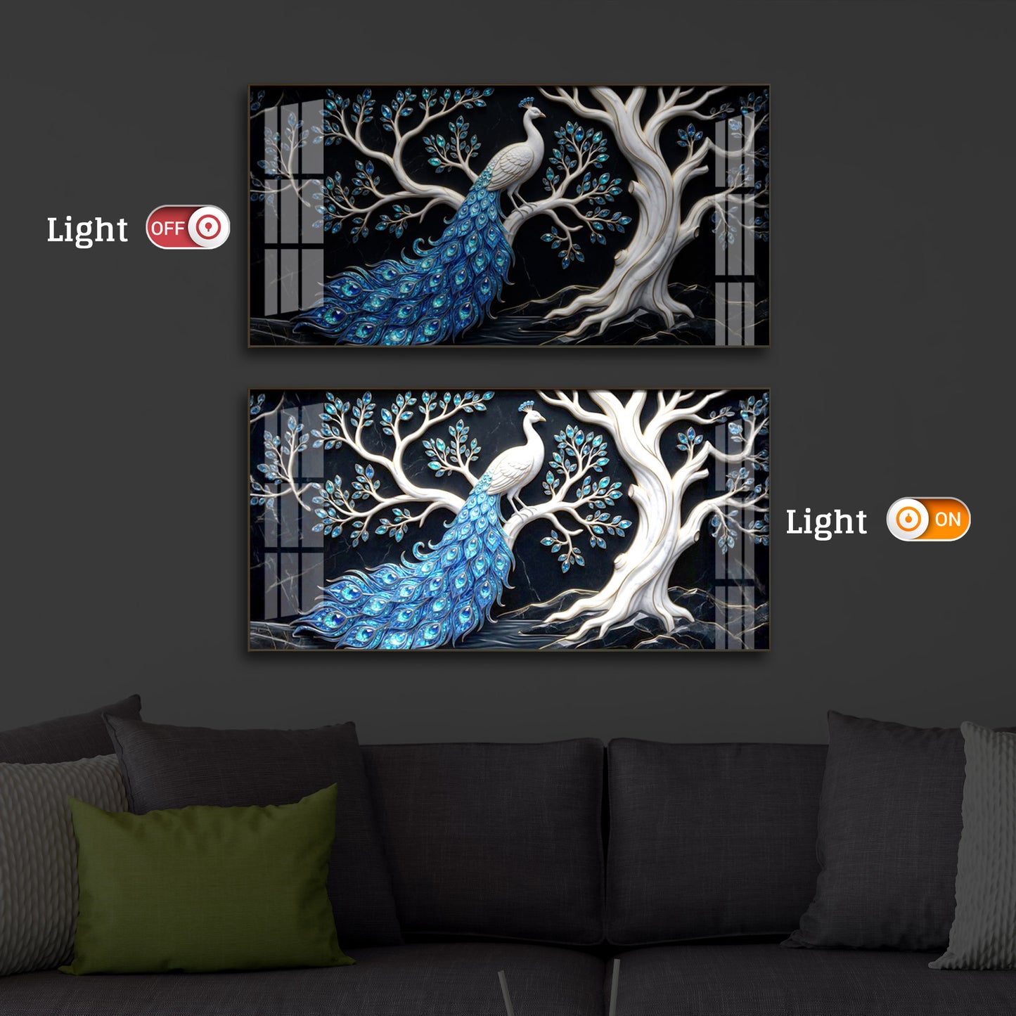 Peacock With Blue Feather Modern Luxury Backlight Horizontal Wall Art