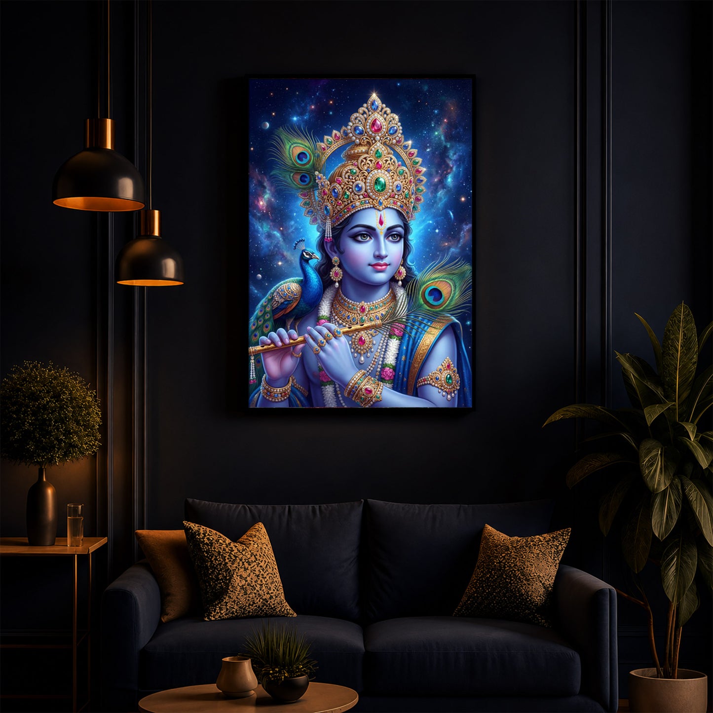 Hindu Deity Lord Krishna Modern Luxury Backlight Vertical Wall Art