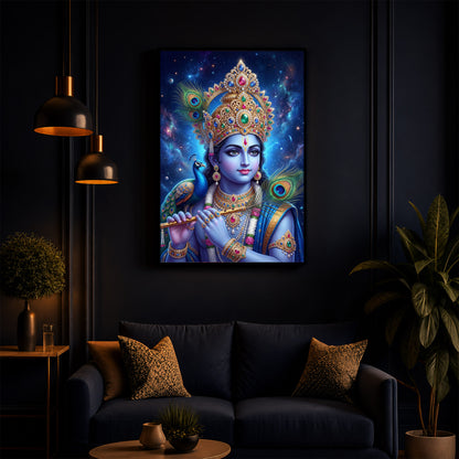 Hindu Deity Lord Krishna Modern Luxury Backlight Vertical Wall Art