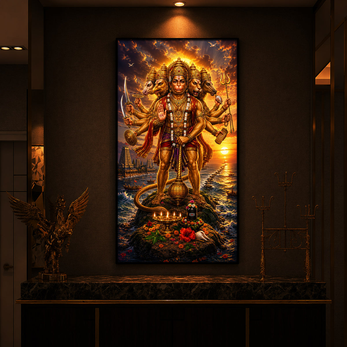 Powerful Panchmukhi Hanuman Ji Modern Luxury Backlight Vertical Wall Art