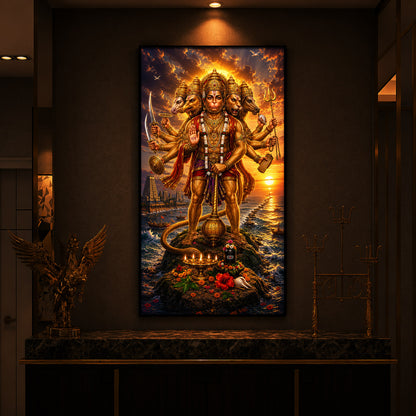 Powerful Panchmukhi Hanuman Ji Modern Luxury Backlight Vertical Wall Art