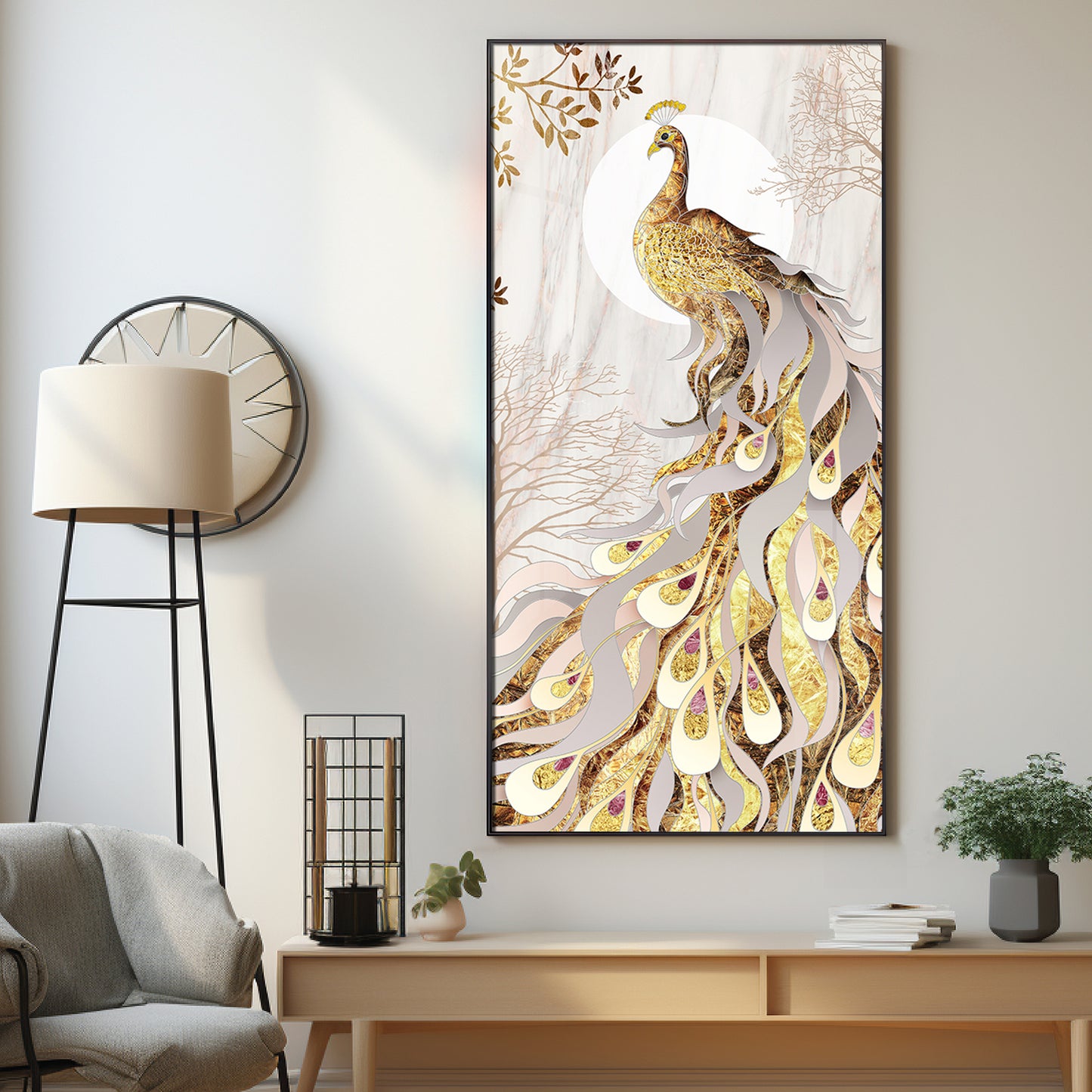 Golden Gradient Peacock Premium Acrylic Vertical Wall Art