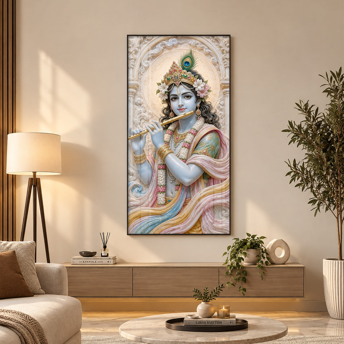 Divine Krishna With Bansuri Premium Acrylic Vertical Wall Art