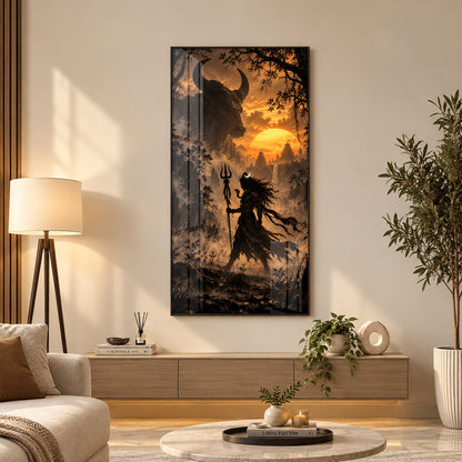 Shiva Walking in Sunset With Nandi Premium Acrylic Vertical Wall Art
