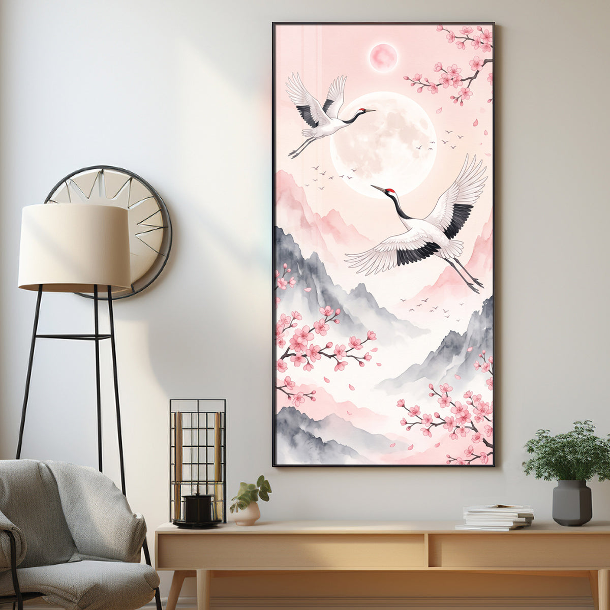 Flying Crane Birds & Cherry Blossom Premium Acrylic Vertical Wall Art