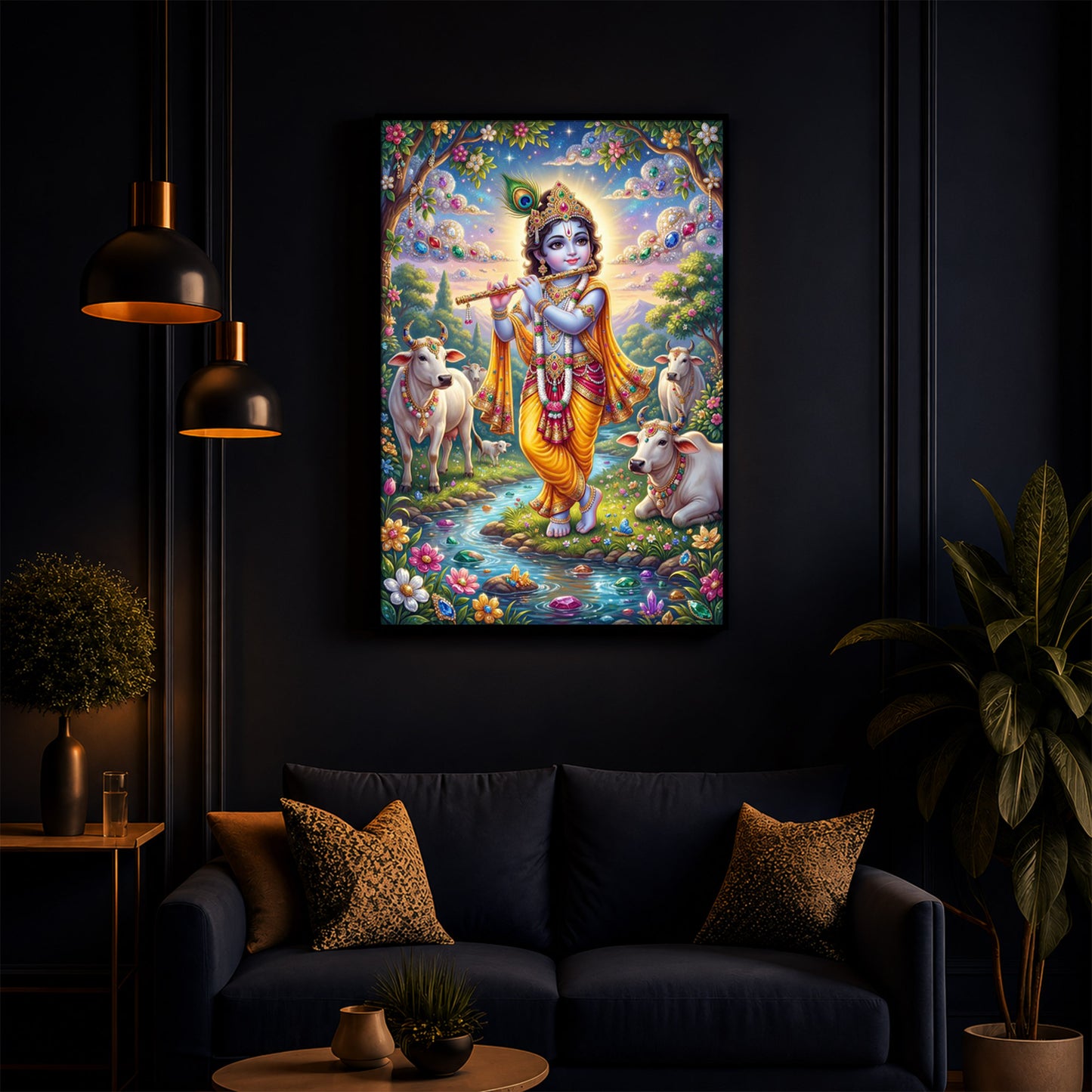 Little Kanha With Cow Modern Luxury Backlight Vertical Wall Art