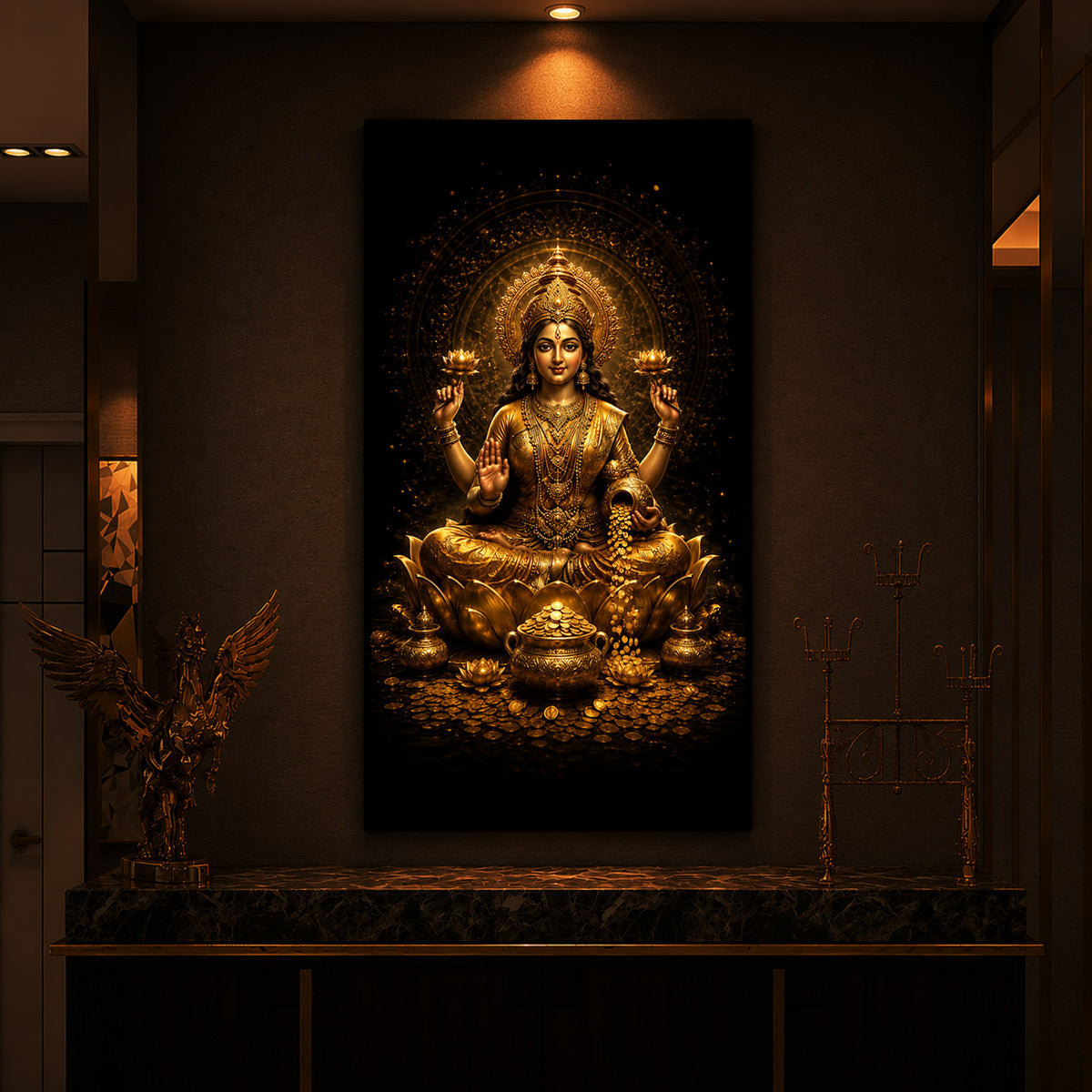Divine Goddess Laxmi Golden Lotus Modern Luxury Backlight Vertical Wall Art