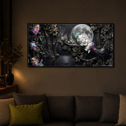 Divine Lord Little Krishna Modern Luxury Backlight Horizontal Wall Art