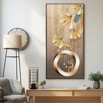 Golden Deer With Leaf Premium Acrylic Vertical Wall Art