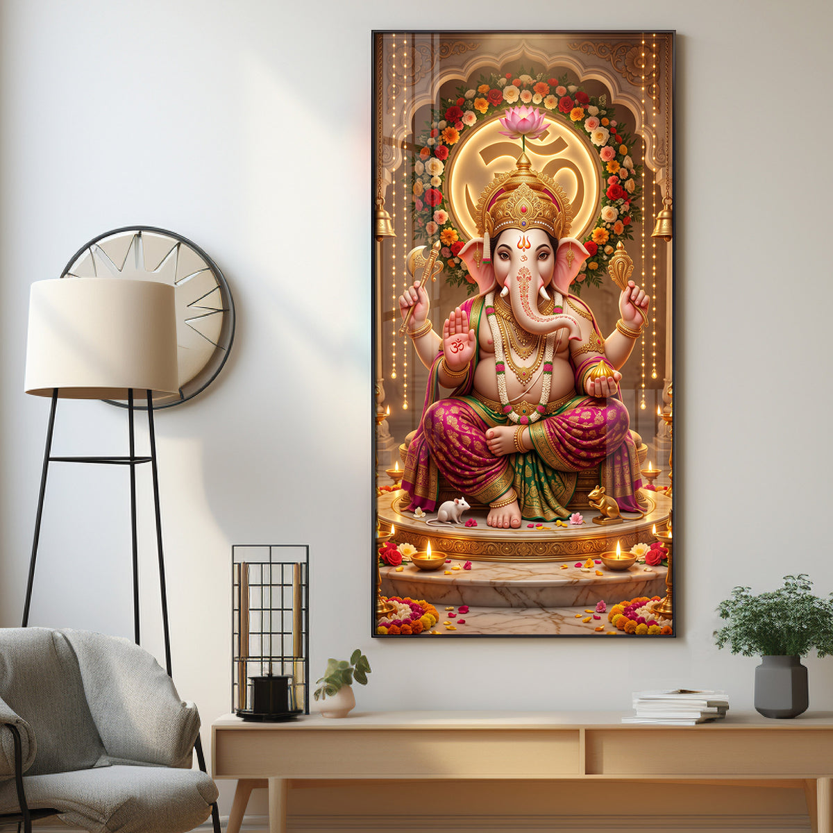 Ganapati Bappa Floral Om Premium Acrylic Vertical Wall Art