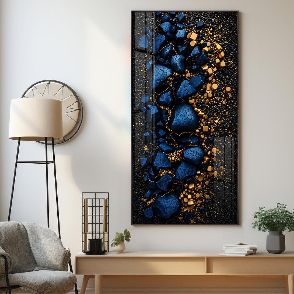 Deep Blue Cracked Rock with Gold Dust Premium Acrylic Vertical Wall Art