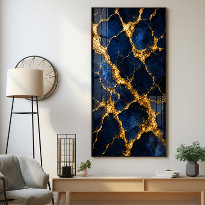 Luxurious Blue & Gold Cracked Marble Premium Acrylic Vertical Wall Art