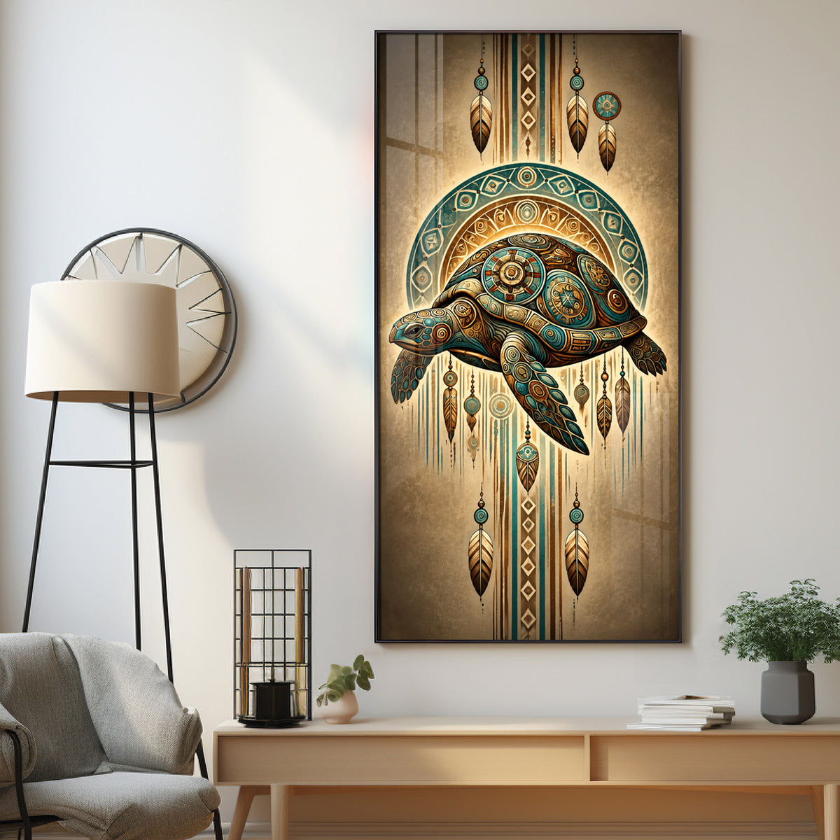 Tribal Patterned Sea Turtle & Feathers Premium Acrylic Vertical Wall Art