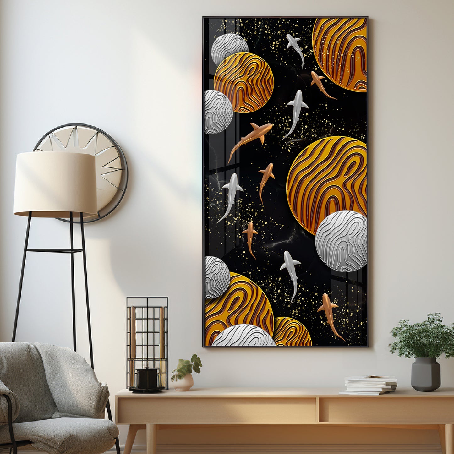 Circular Shapes With Fish Premium Acrylic Vertical Wall Art