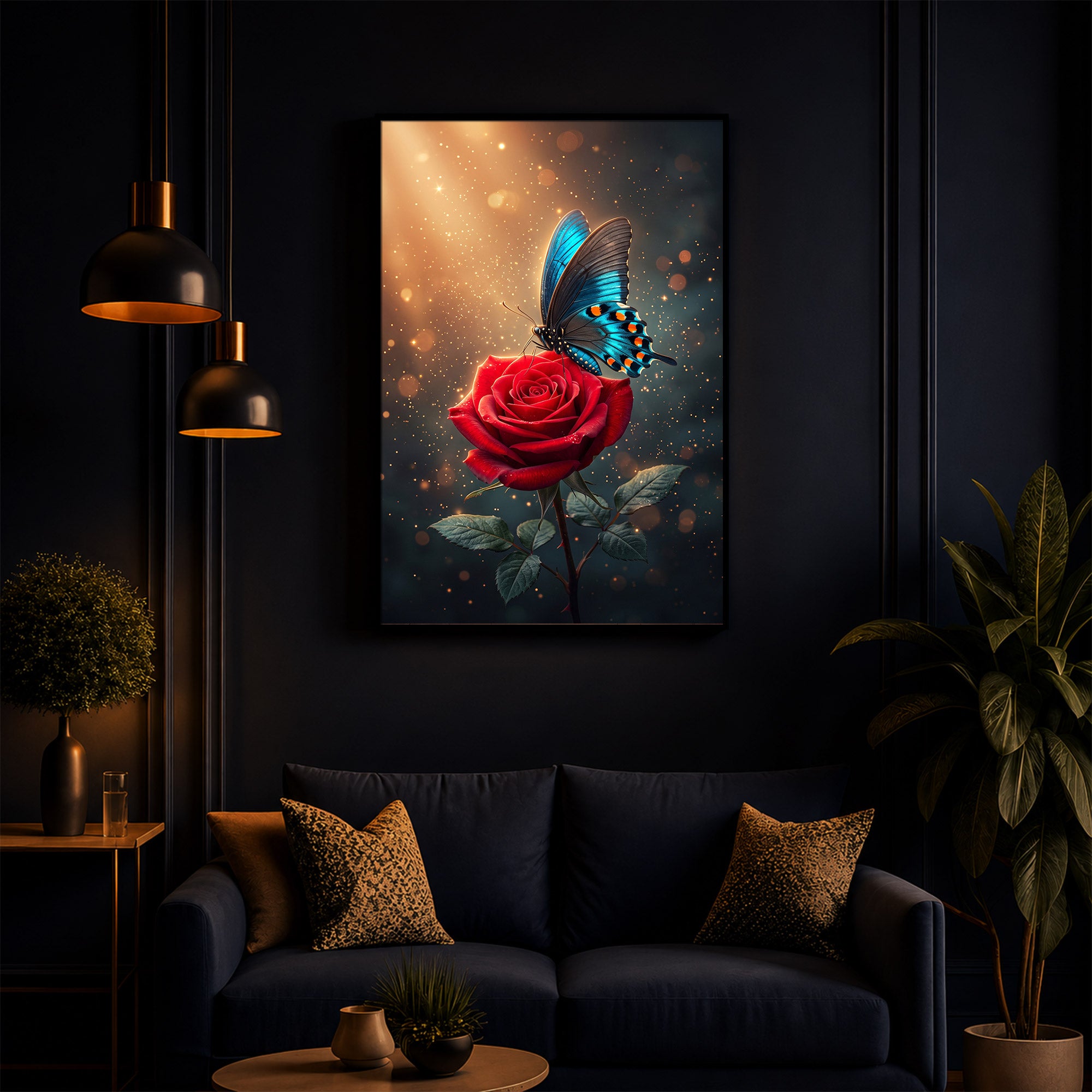 Enchanted Red Rose & Blue Butterfly Modern Luxury Backlight Vertical Wall Art