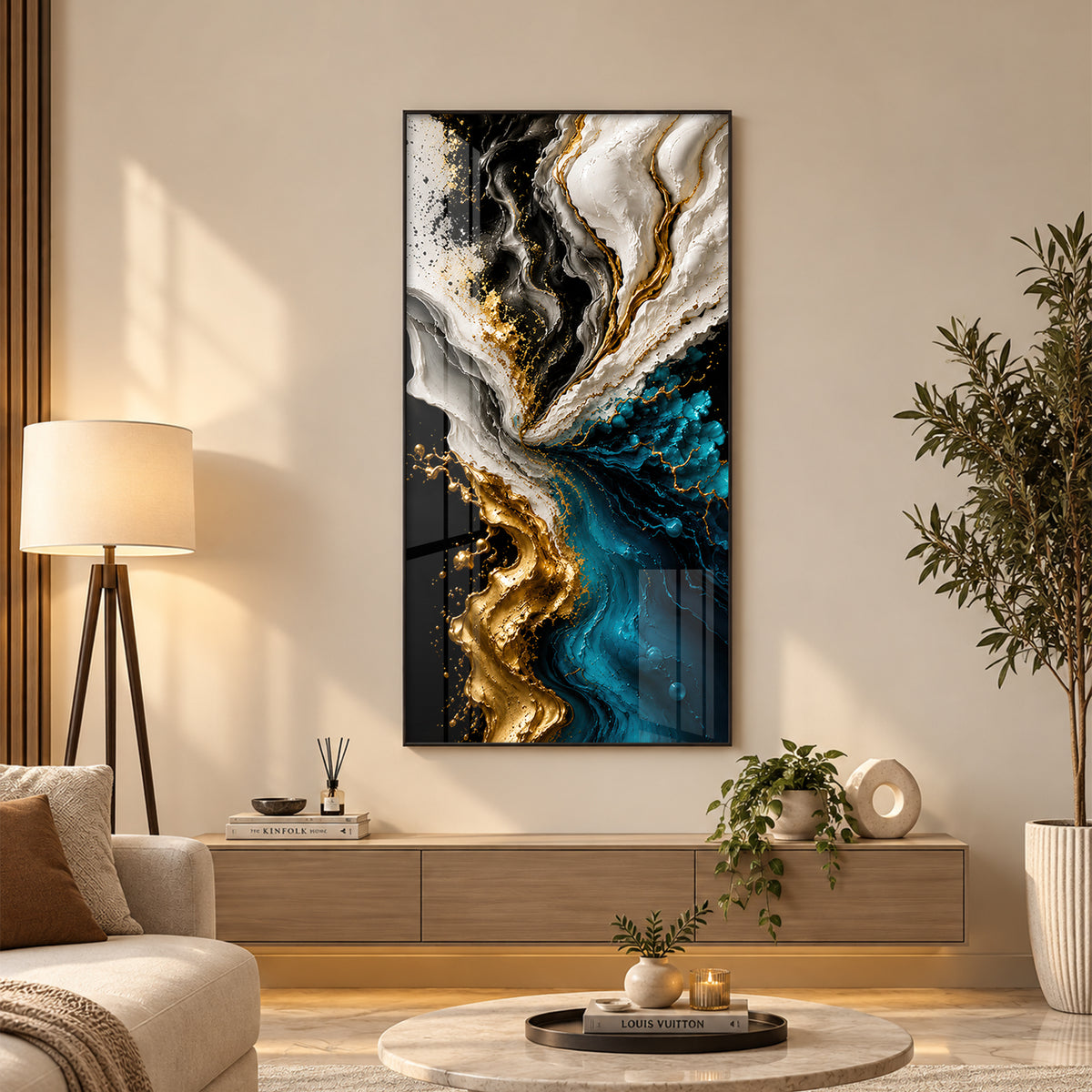 Abstract Fluid Liquid Marble & Gold Splash Premium Acrylic Vertical Wall Art