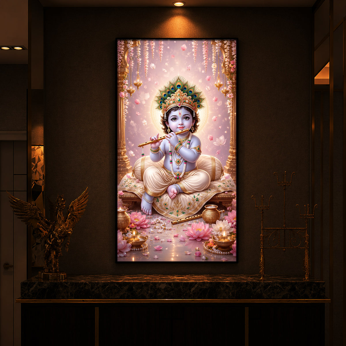 Little Laddu Gopal Playing Flute Modern Luxury Backlight Vertical Wall Art
