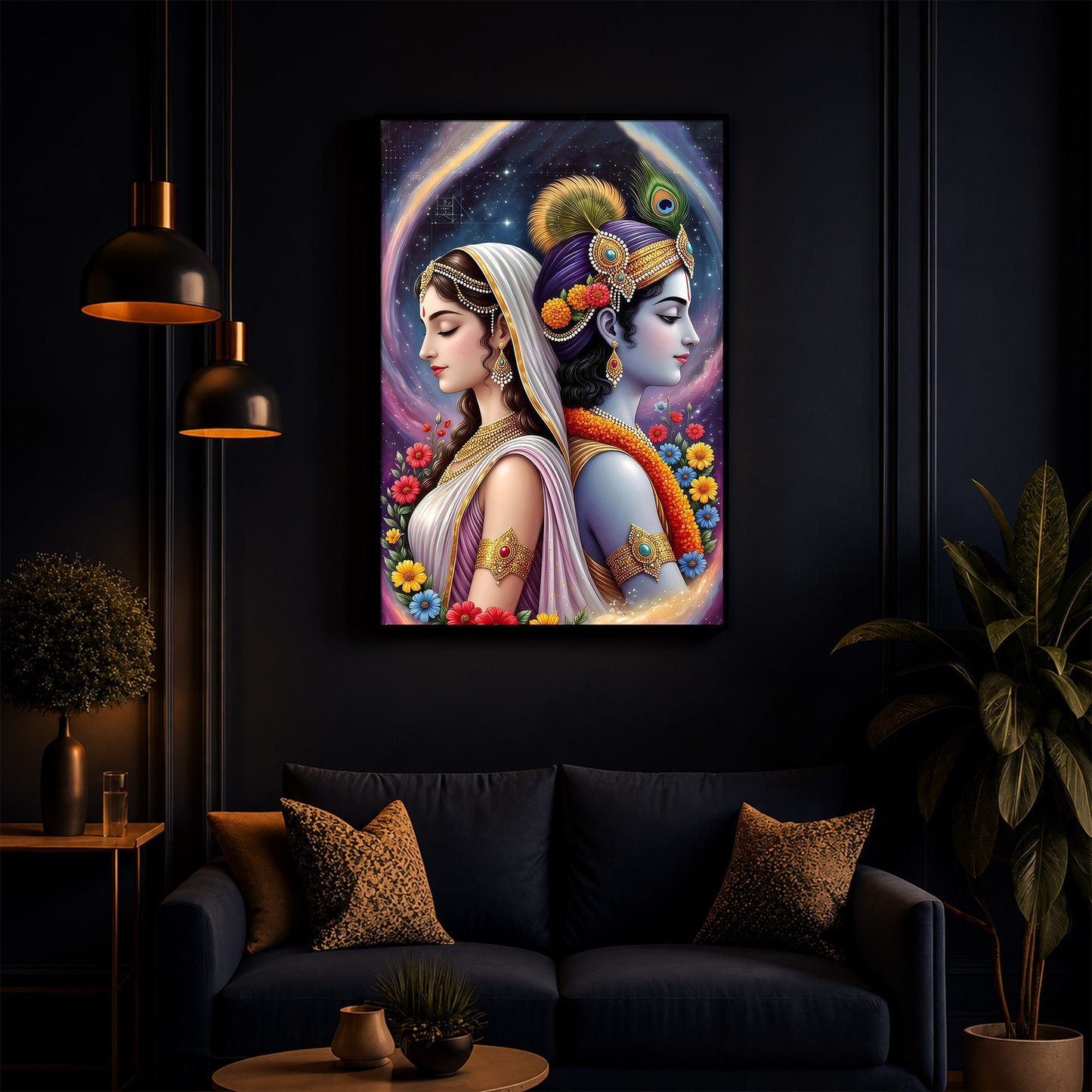 Lord Sri Radhe Krishna Modern Luxury Backlight Vertical Wall Art