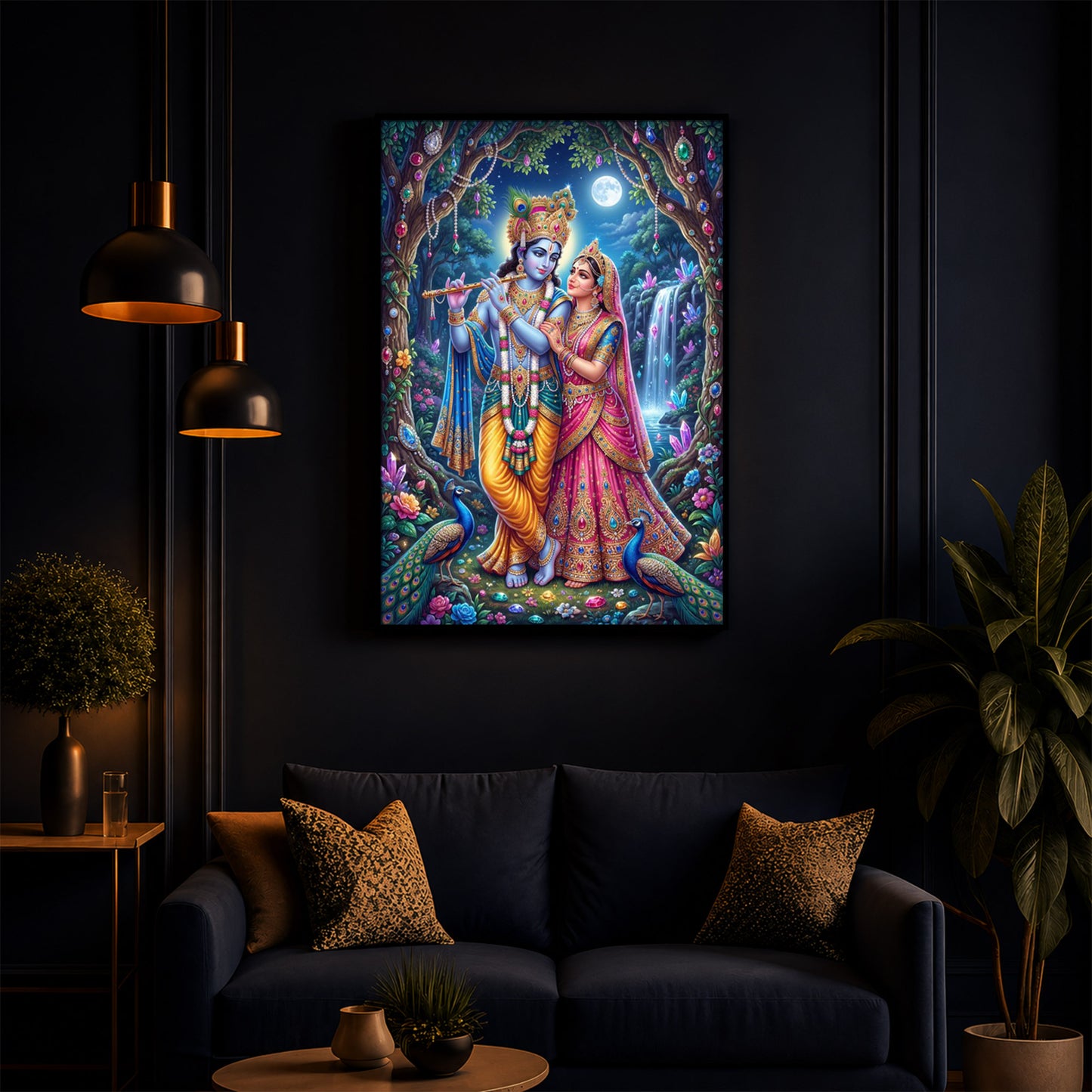Eternal Love of Radha Krishna Modern Luxury Backlight Vertical Wall Art