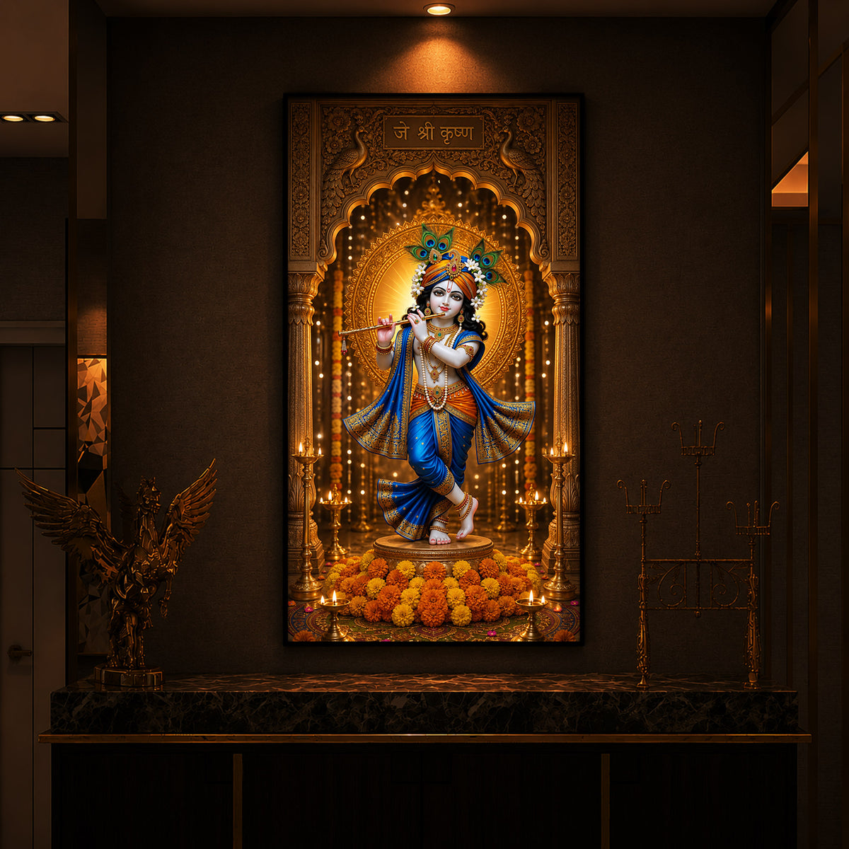 Spiritual Jai Shri Krishna Modern Luxury Backlight Vertical Wall Art
