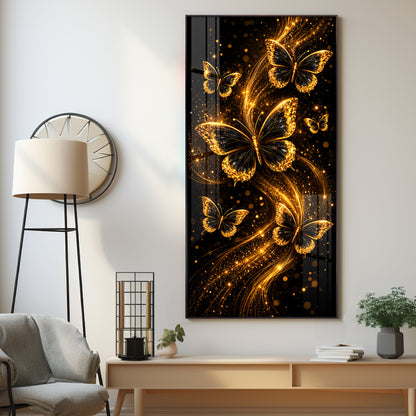 Elegant Golden Sparkle Butterflies Premium Acrylic Vertical Wall Art
