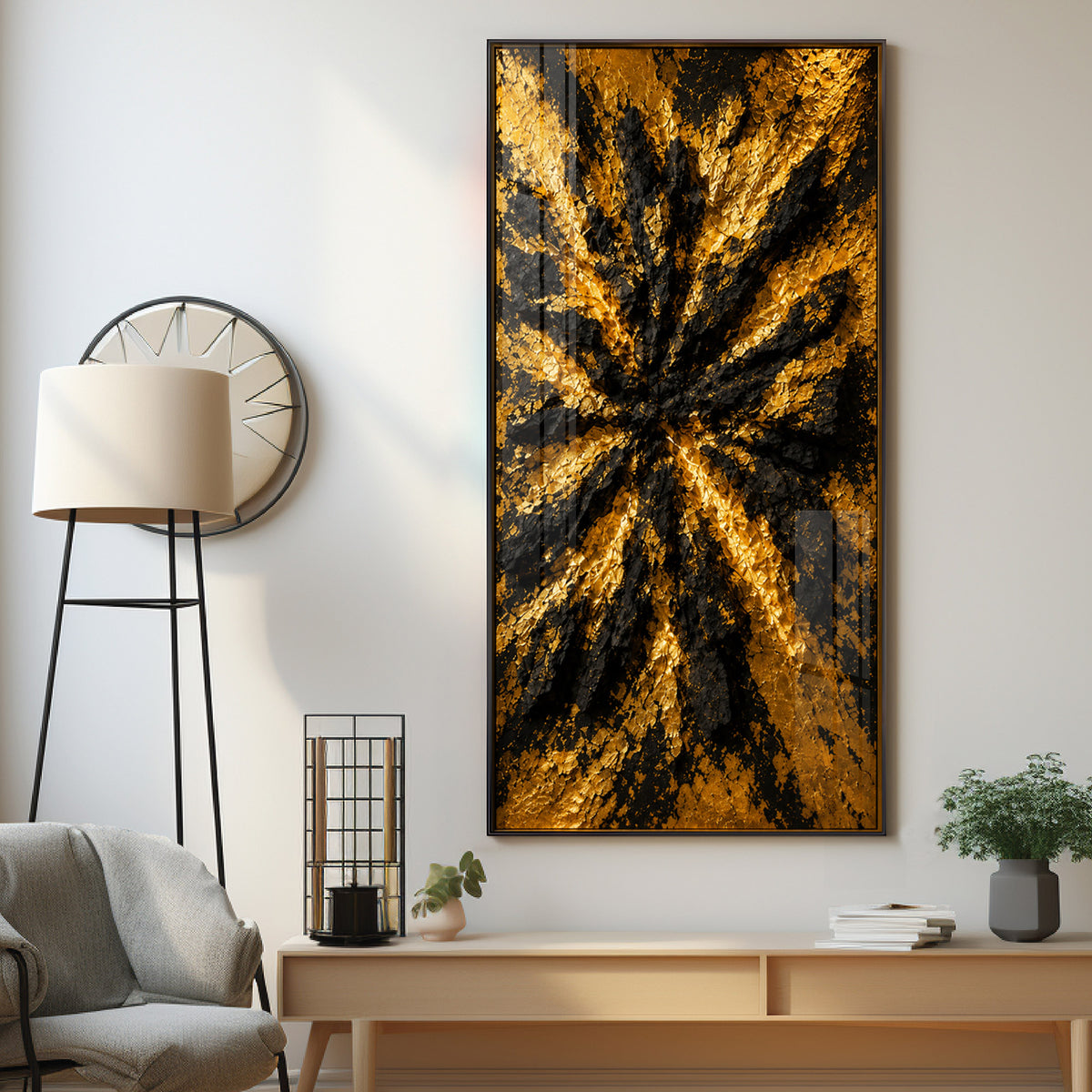 Abstract Textured Black & Gold Burst Premium Acrylic Vertical Wall Art