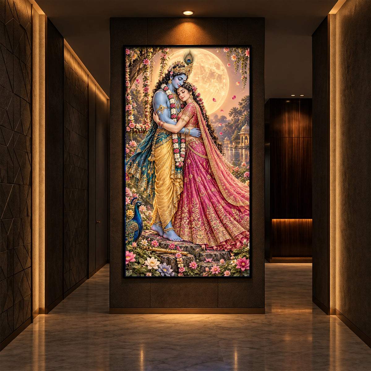 Divine Love of Krishna Radha Modern Luxury Backlight Vertical Wall Art