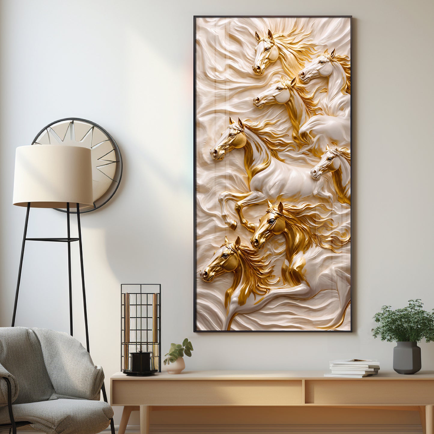 White & Gold Horses Premium Acrylic Vertical Wall Art