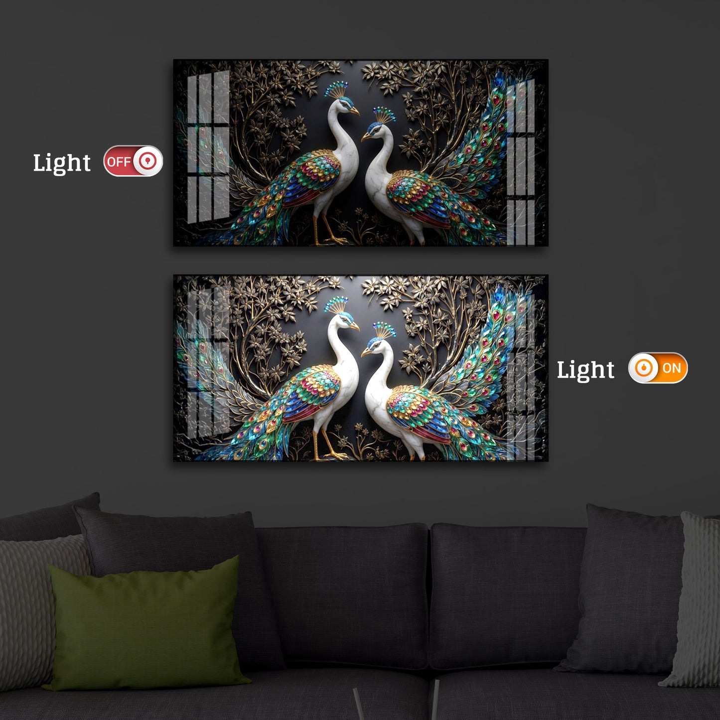 Serene Peacock Modern Luxury Backlight Horizontal Wall Art