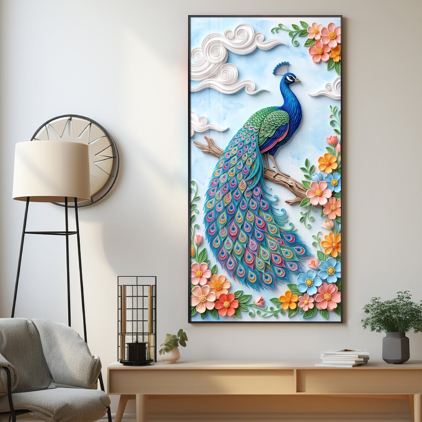Elegant Pastel Floral Quilling Style Peacock Premium Acrylic Vertical Wall Art