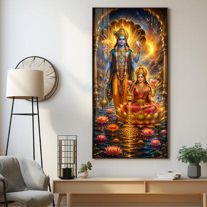 Sacred Lord Vishnu & Goddess Lakshmi Cosmic Premium Acrylic Vertical Wall Art