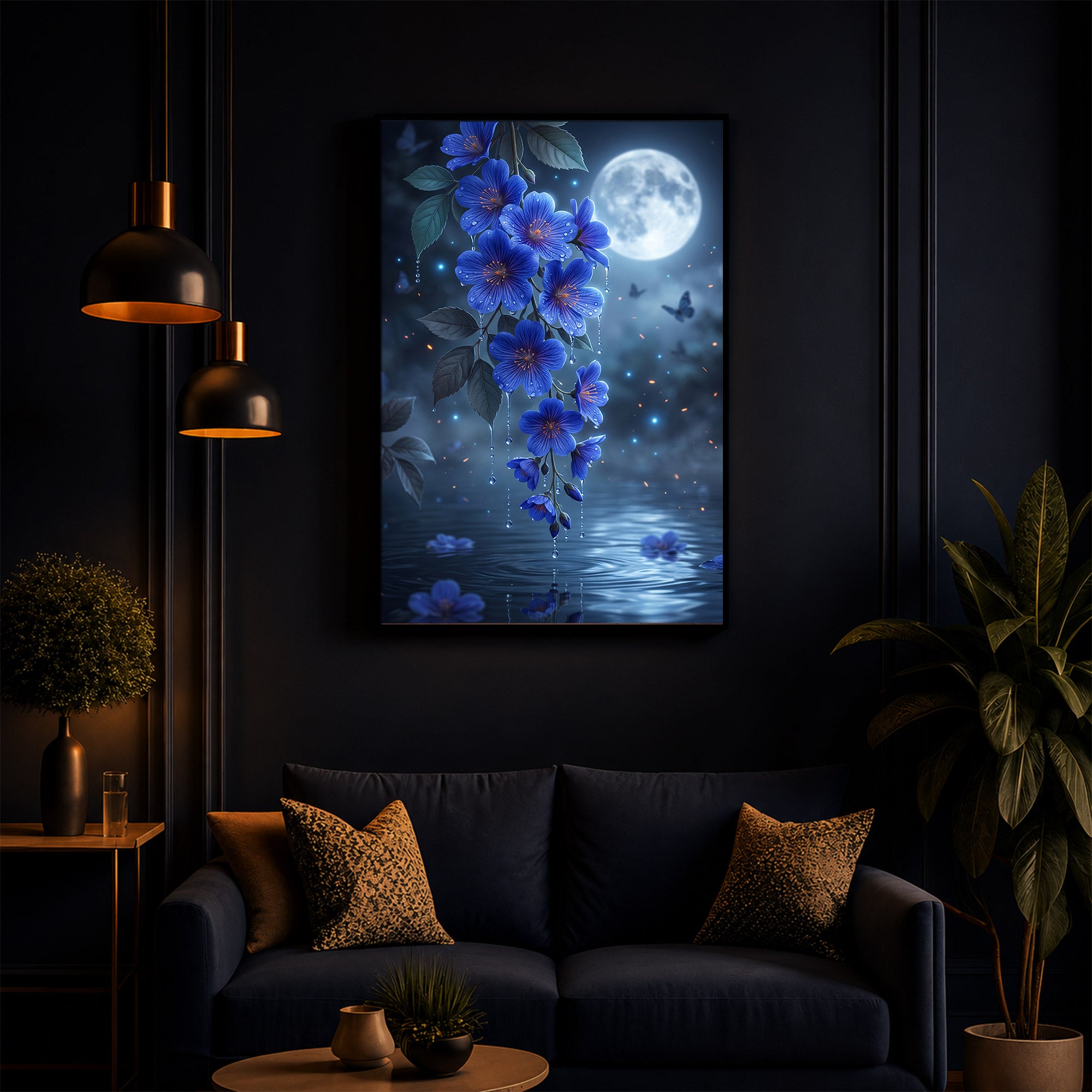 Moonlit Blue Blossoms Modern Luxury Backlight Vertical Wall Art