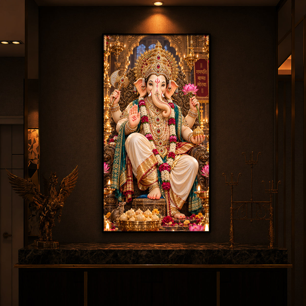 Ganapati Bappa Divine Blessings Modern Luxury Backlight Vertical Wall Art