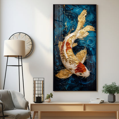 Majestic Golden & Red Koi Fish Deep Blue Background Premium Acrylic Vertical Wall Art
