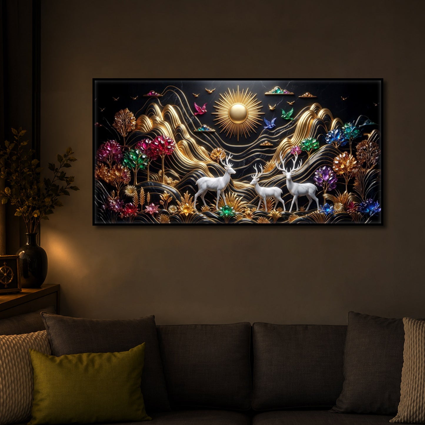White Deer With Sun Modern Luxury Backlight Horizontal Wall Art