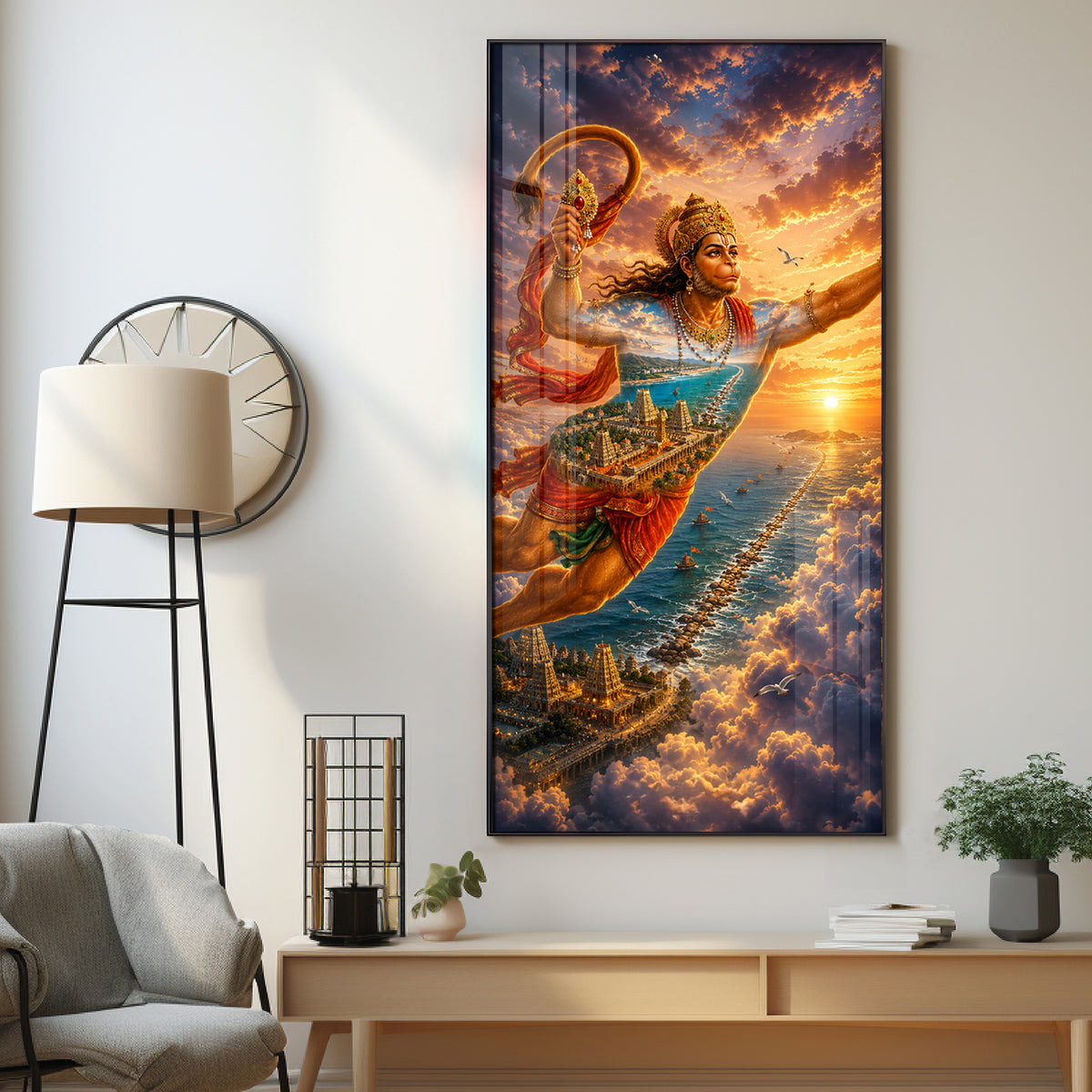 Lord Hanuman Flying Over Ocean Ram Setu Premium Acrylic Vertical Wall Art