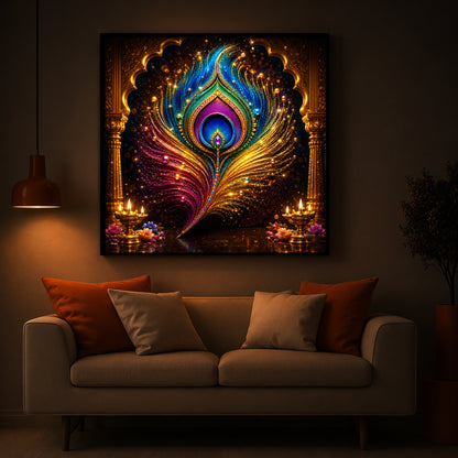 Glowing Peacock Feather Modern Luxury Backlight Square Wall Art
