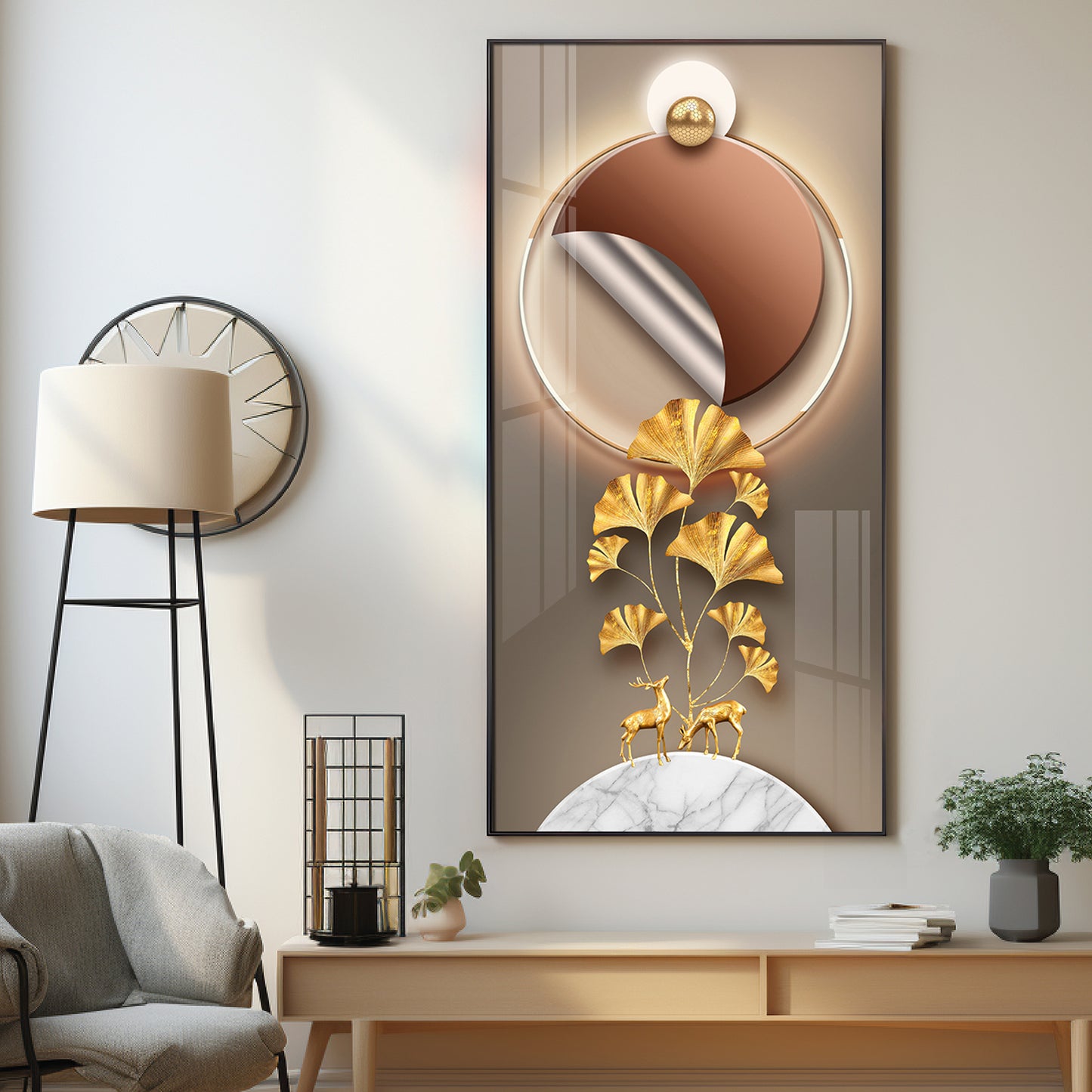 Golden Deer & Ginkgo Leaves Premium Acrylic Vertical Wall Art