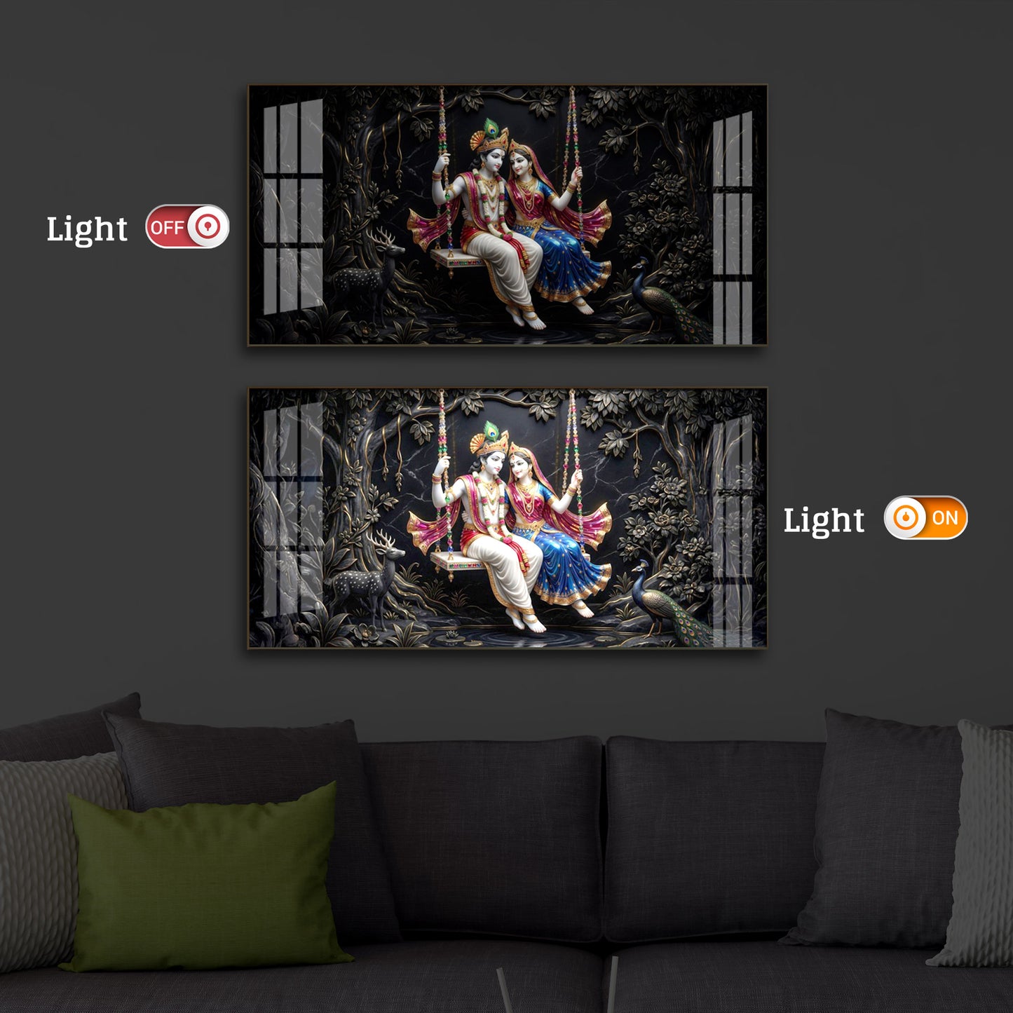 Radha Krishna Swing Modern Luxury Backlight Horizontal Wall Art