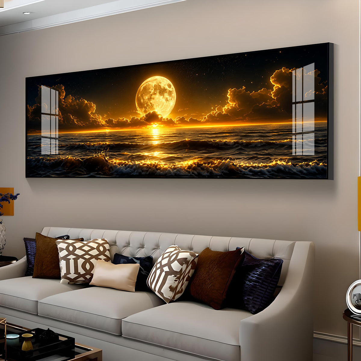 Golden Full Moon Ocean Clouds Premium Acrylic Horizontal Wall Art