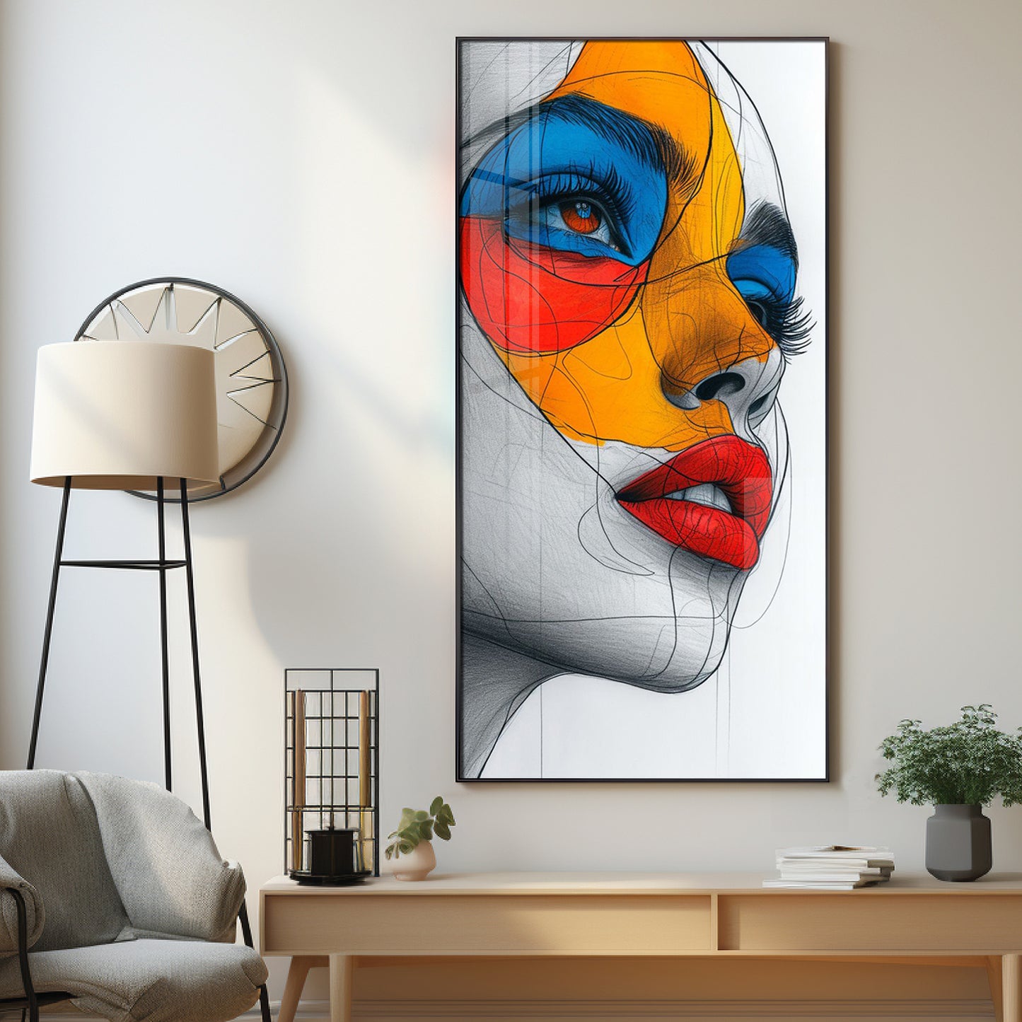 Vibrant Geometric Mask Girl Premium Acrylic Vertical Wall Art